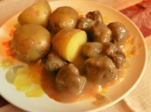 Finished meatballs with gravy and boiled potatoes. You won't believe they are dairy and gluten free!