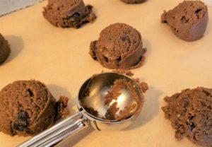 The ginger cookie dough is ready for baking! I like to use a Tablespoon-sized ice cream scoop. 